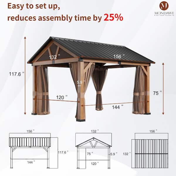13 ft. x 11 ft. Aluminium Patio Gazebo Pavilion Canopy Tent Shelter with Galvanized Steel Hardtop, Curtain and Mesh Net