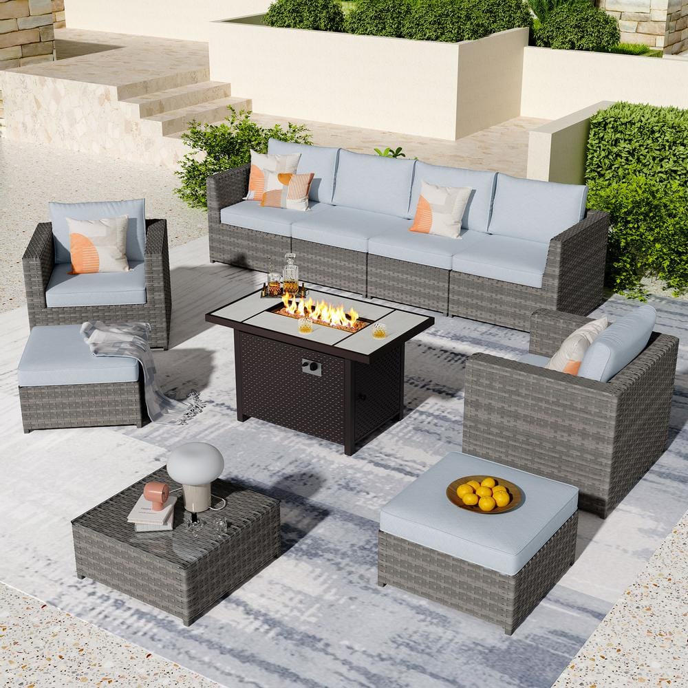 XIZZI Ontario Lake Gray 10-Piece Wicker Outdoor Patio Rectangular Fire ...