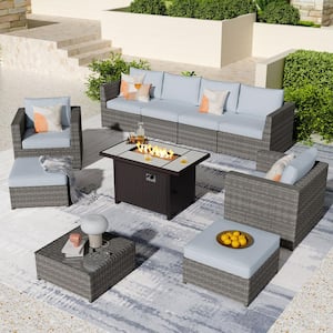 Ontario Lake Gray 10-Piece Wicker Outdoor Patio Rectangular Fire Pit Sectional Sofa Set with Gray Cushions