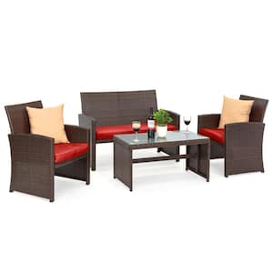 Brown 4-Piece Wicker Patio Conversation Set with Red Cushions, 4 Seats, Tempered Glass Table Top