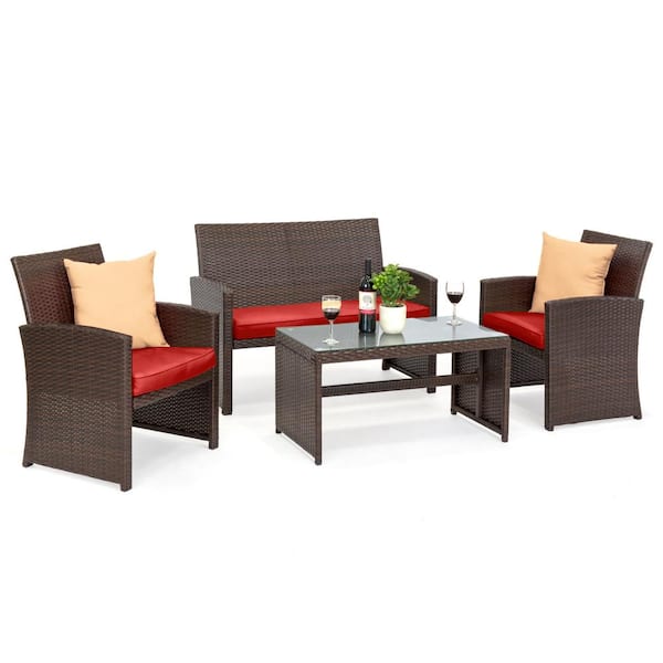 Best Choice Products Brown 4-Piece Wicker Patio Conversation Set with Red Cushions, 4 Seats, Tempered Glass Table Top