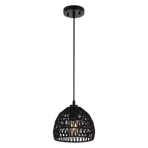 Campana 8.25 in. 1-Light Bohemian Modern Woven Rope/Iron LED Pendant Light, Black