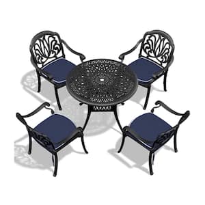 5-Piece Cast Aluminum Black Outdoor Dining Set with Random Colors Cushions for Patio, Balcony, Backyard