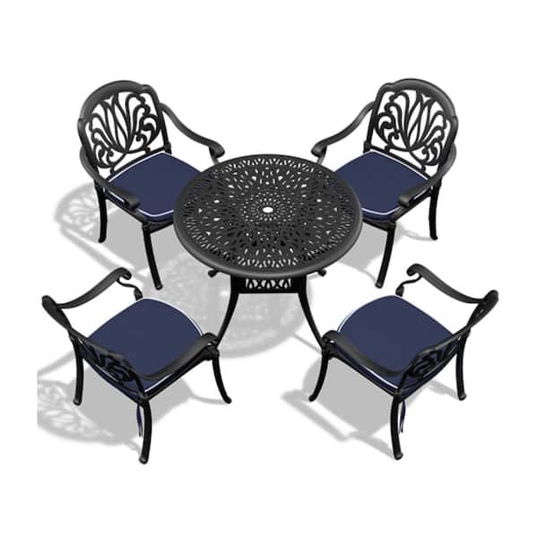Misopily 5-Piece Cast Aluminum Black Outdoor Dining Set with Random Colors Cushions for Patio, Balcony, Backyard