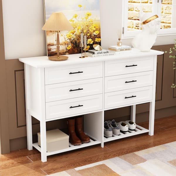 FUFU&GAGA 55 in. Length White Rectangle Wood Console Table Shoe Storage, Chest Center with 6-Drawers and 2-Open Shelves for Boots