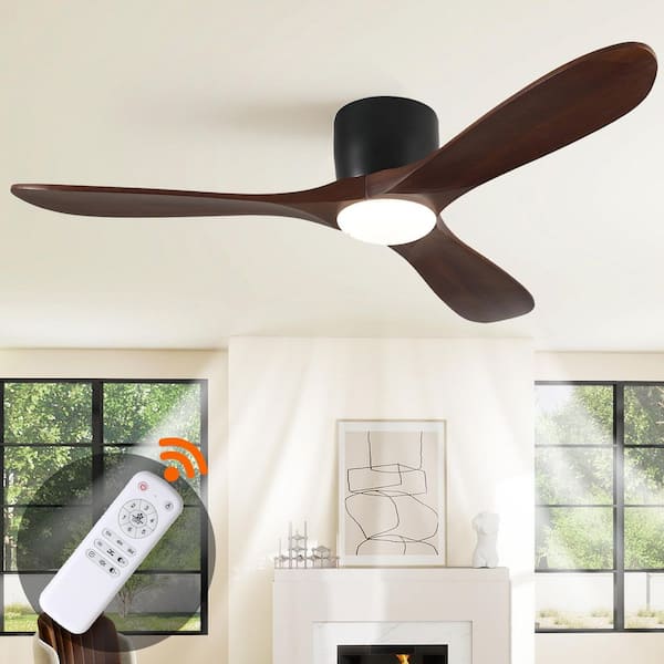 52 in. Black Low Profile Flush Mount Propeller Ceiling Fan with Light, Walnut Blades, DC Motor Remote