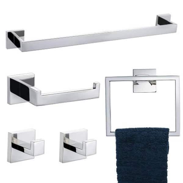 Adrinfly 5-Piece Bath Hardware Set with Towel Bar, Two Hooks, and Toilet Paper Holder, made of Stainless Steel in Chrome