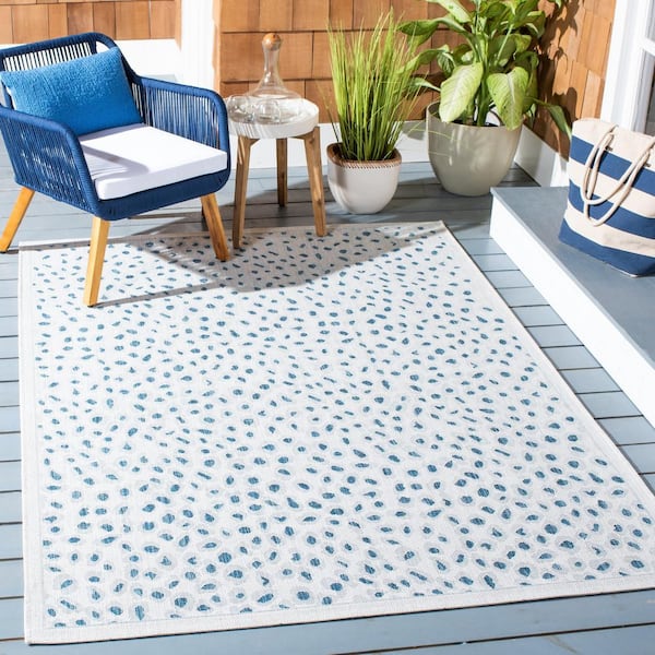 Courtyard Ivory/Blue Doormat 3 ft. x 5 ft. Geometric Cheetah Indoor/Outdoor Patio Area Rug