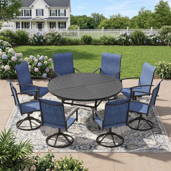 9-Piece Metal Outdoor Dining Set with 59.8 in. Black Round Dining Table and 8 Blue Textilene Swivel Patio Chairs