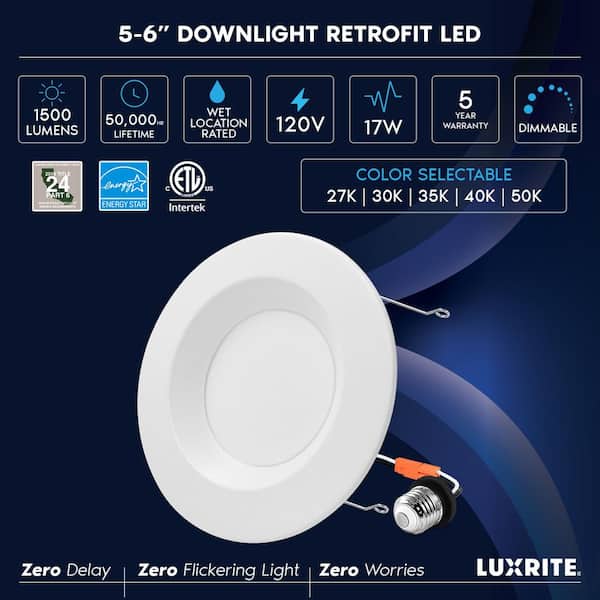 LUXRITE 5/6 in. LED Can Light Adjustable CCT 2700K-5000K 17W=90W