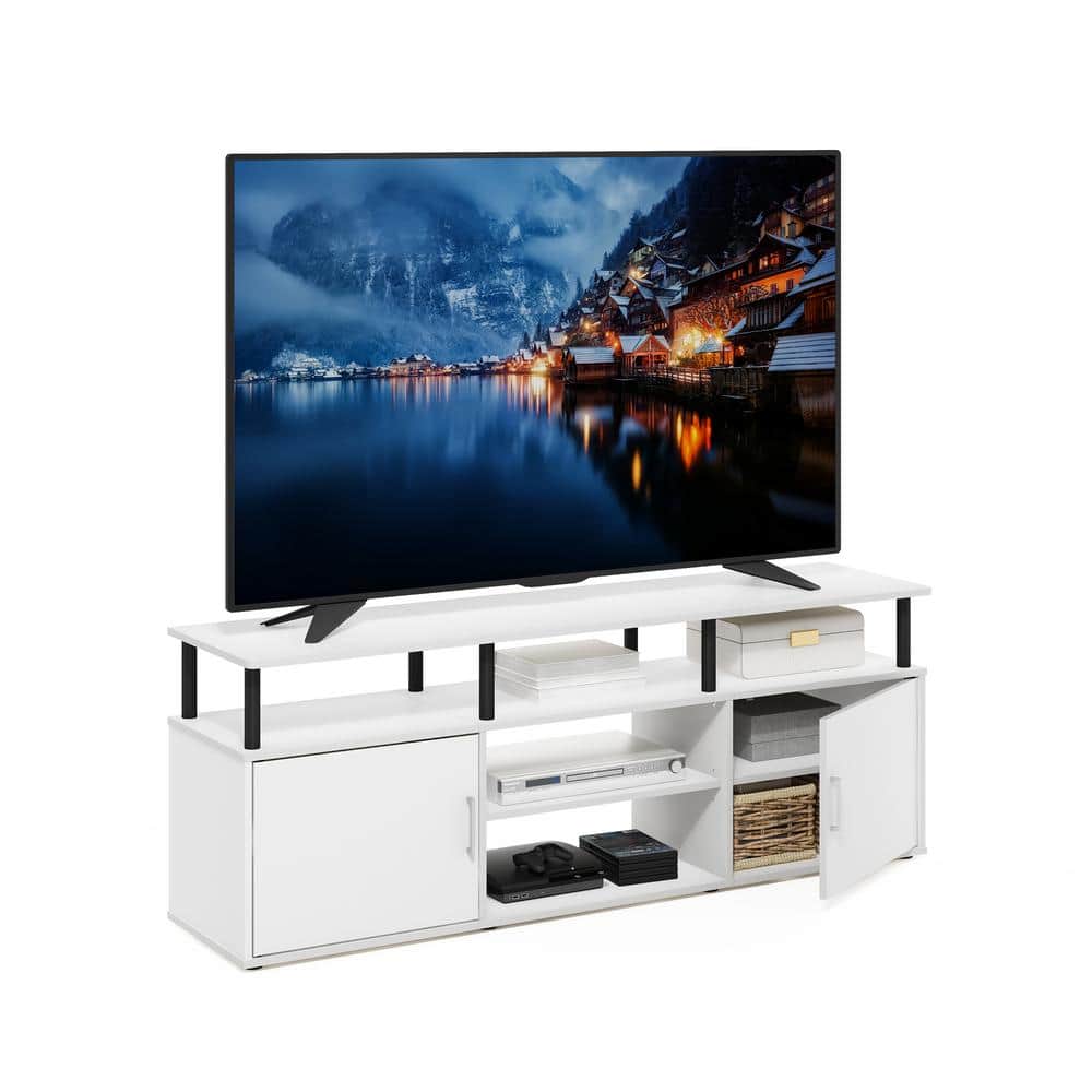 Furinno Jensen Sleek 70" TV Stand in Solid White/Black with Adjustable Shelves
