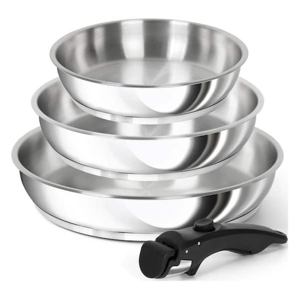 3-Piece Stainless Steel Frying Pan Set Silver Triply Base Induction Compatible Cooktop Safe with Removable Handle