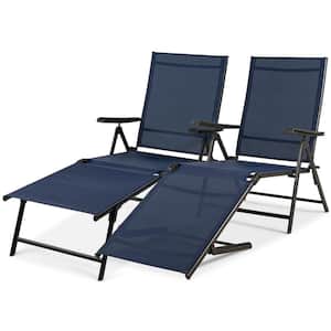 2-Piece Steel Outdoor Chaise Lounge Chair Adjustable Folding Pool Lounger - Navy