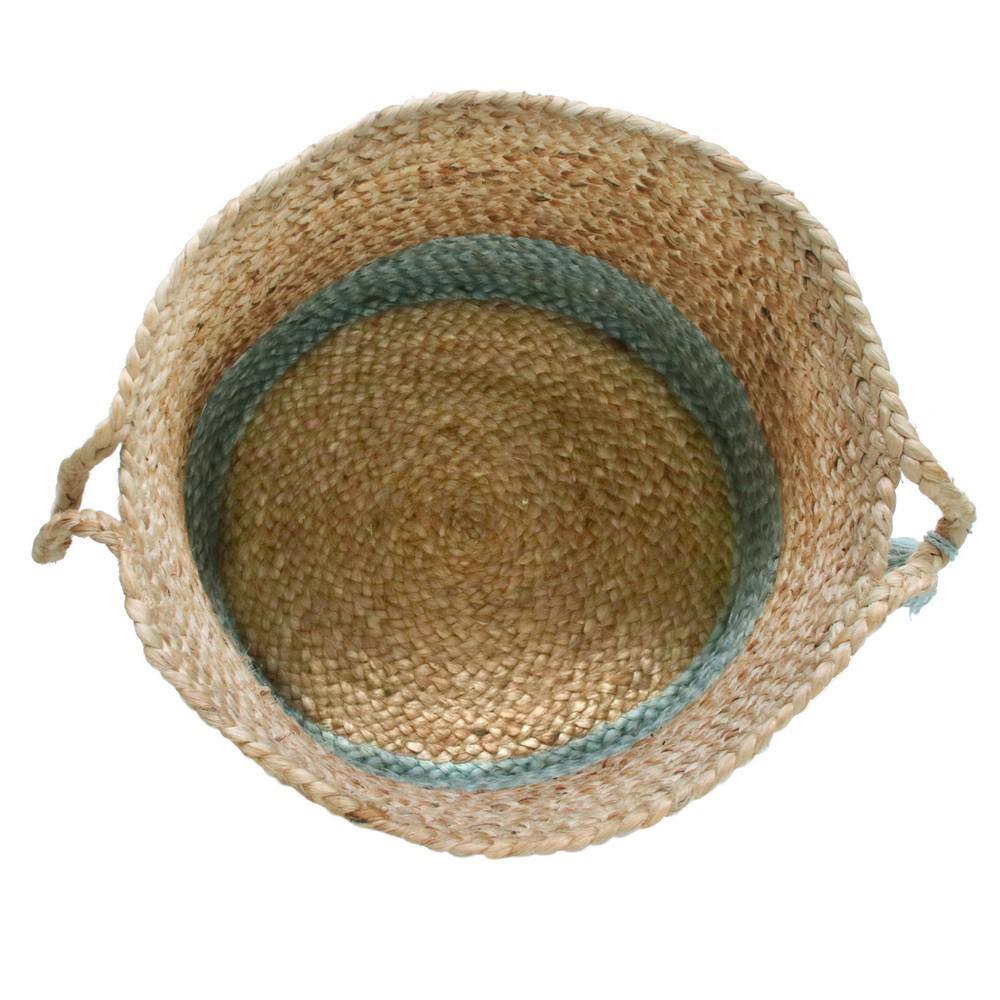Handwoven Natural and Light Blue Jute Round Storage Basket with Handles