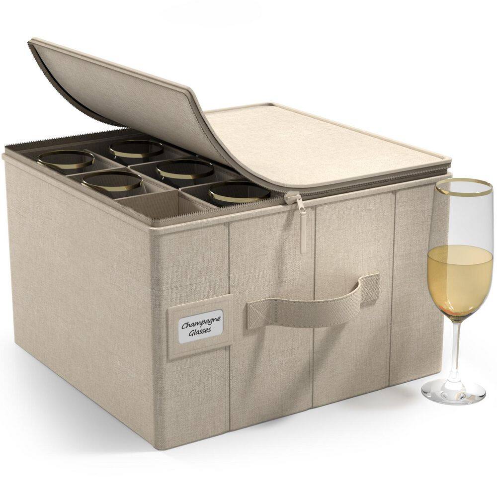 Beige Pantry Organizer, Glass Stemware Container Storage for Champagne Glasses with Lid (Holds Service for 12), 1 Piece