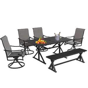 6pc Metal Patio Dining Set with Bench, 4 Outdoor Swivel Chairs, 1 Garden Bench & 1 Rectangle Table w/1.6"-2" Hole