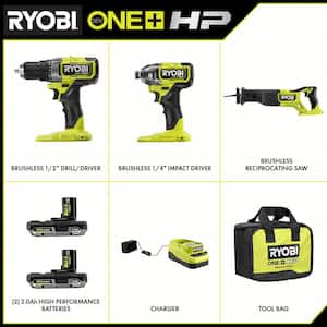 ONE+ HP 18V Brushless Cordless 3-Tool Combo Kit w/Drill/Driver, Impact Driver, Recip Saw, Batteries, Charger, & Bag