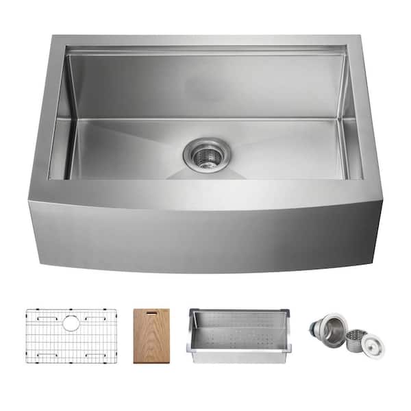 Kitchen Sink 30 in. Farmhouse/Apron-Front Single Bowl 16 Gauge Satin Stainless Steel and Strainer Cutting Board Colander