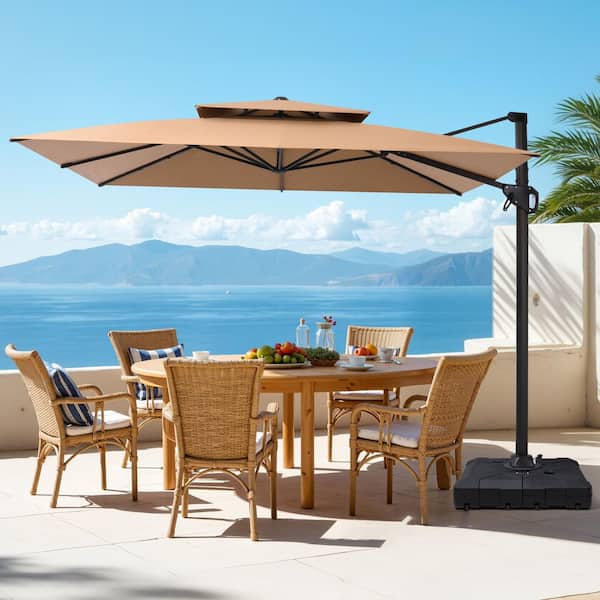 Double Top 10.5 ft. Square Aluminum Cantilever Offset Tiltable Patio Umbrella in Tan With 260 lbs. Umbrella Stand