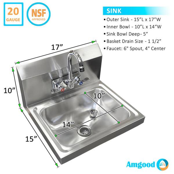 Amgood HAND-SINK HS-17 Stainless Steel Wall Mounted Hand Sink 17in x 1