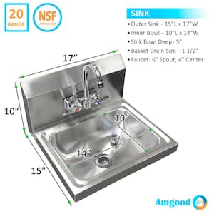 17 in. x 15 in. Stainless Steel Hand Sink. Commercial Wall Mount Hand Basin with Gooseneck Faucet. NSF Certified