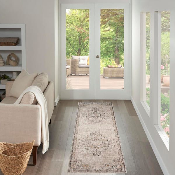 Antique Fusion Ivory Charcoal 2 ft. x 10 ft. Center medallion Traditional Runner Area Rug