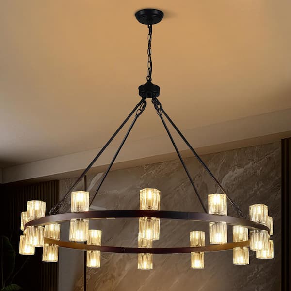 24-Light 40.55 in. Matte Black Modern Round Crystal Cup Style Wagon Wheel Chandelier For Dining Room Living Room
