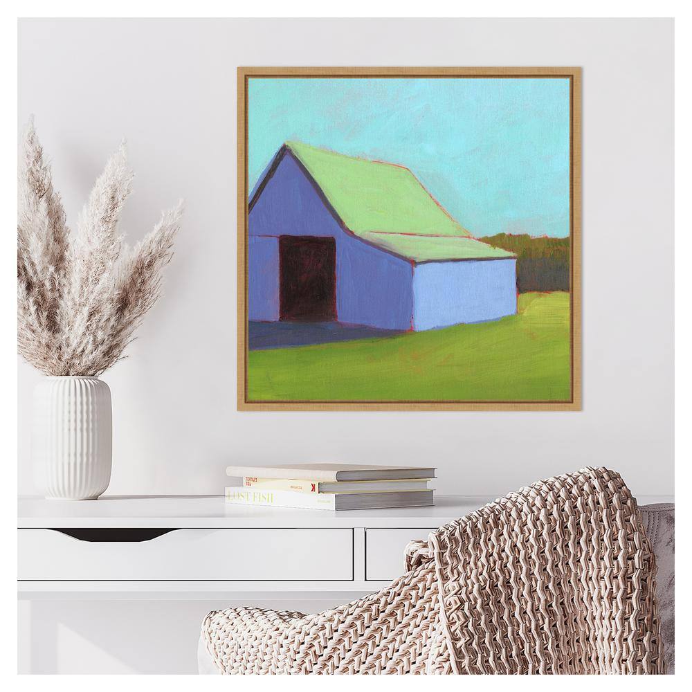 Homestead Barn I Light Green and Blue Canvas Print with Maple Frame