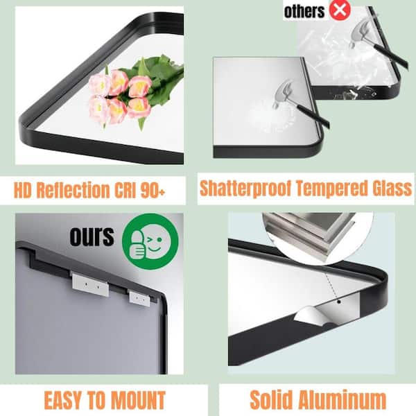 48 in. W x 30 in. H Rectangular Aluminum Framed Modern Black Rounded Wall Mirror