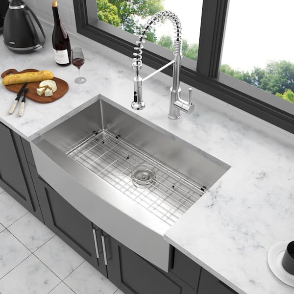 33 in. in Farmhouse Apron Front Single Bowl 16-Gauge Brushed Nickel Stainless Steel Kitchen Sink with Bottom Grids