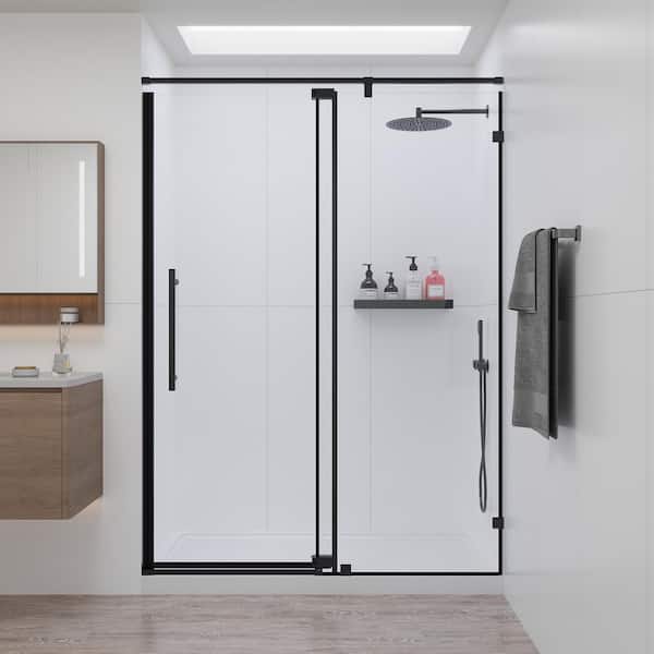 EASYWORC 54 in. W x 74 in. H Semi-Frameless Pivot Shower Door in Matte Black with 1/4 in. (6mm) Clear Tempered Glass