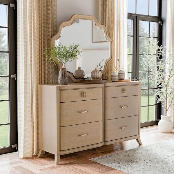 Ellington Modern Natural Oak/Mirror 6-Drawer 64 in. Wide Dresser with Mirror