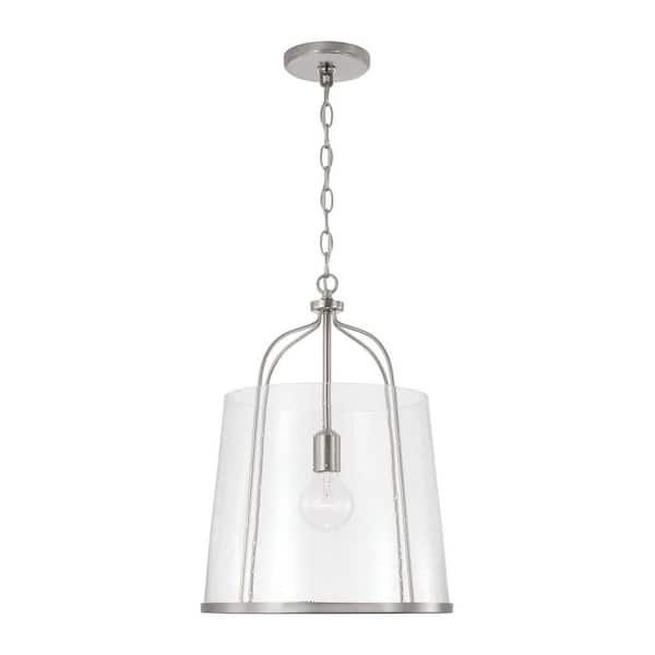 Madison 14 in. W x 19 in. H 1-Light Pendant in Brushed Nickel with Clear Seeded Glass