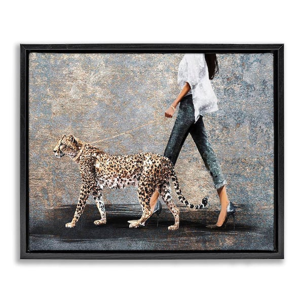 Trendy Woman with Leopard by Svetlana Aleynikova Black Floater Frame People Graphic Art Print 17 in. x 21 in.