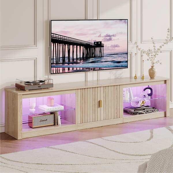 Bestier 80 in. Fluted Natural Wood Color TV Stand Fits TV Up