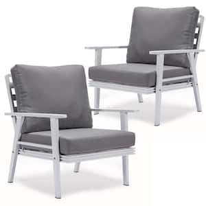 Walbrooke Modern White Aluminum Outdoor Arm Chair with Powder Coated Frame and Removable Cushions in. Grey (Set of 2)