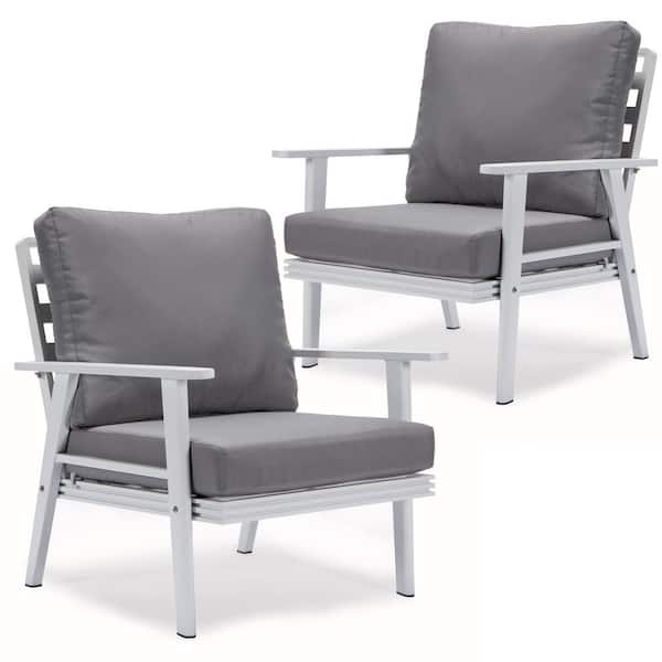 Leisuremod Walbrooke Modern White Aluminum Outdoor Arm Chair with Powder Coated Frame and Removable Cushions in. Grey (Set of 2)