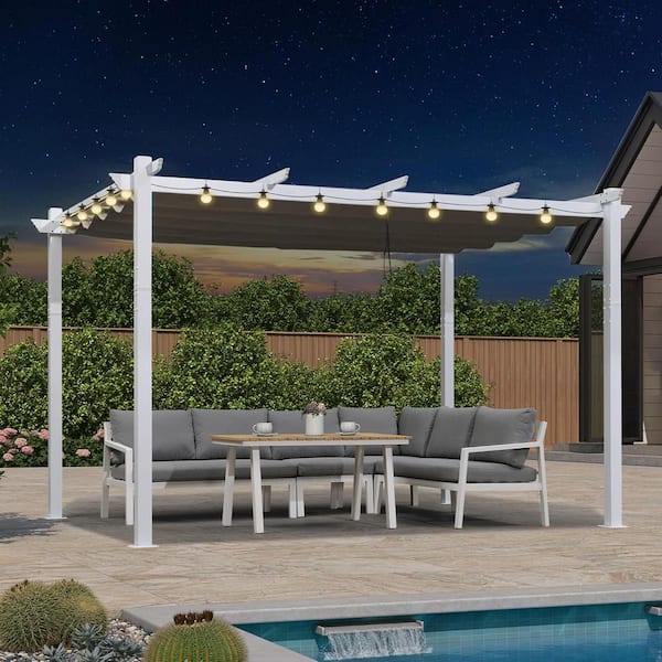 PURPLE LEAF 10 ft. x 12 ft. White Aluminum Frame Morden Pergola with Gray Retractable Sun Shade Canopy and String Lights