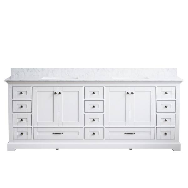84 in. Solid Wood Freestanding White Bath Vanity with Pure White Cultured Marble Countertop Top Assembled