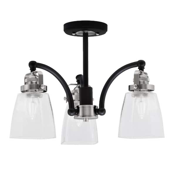 Unbranded Decatur 16 in. 3 Light Black and Nickel Semi-Flush with 4.5 in. Clear Bubble Glass Shades No blulbs included