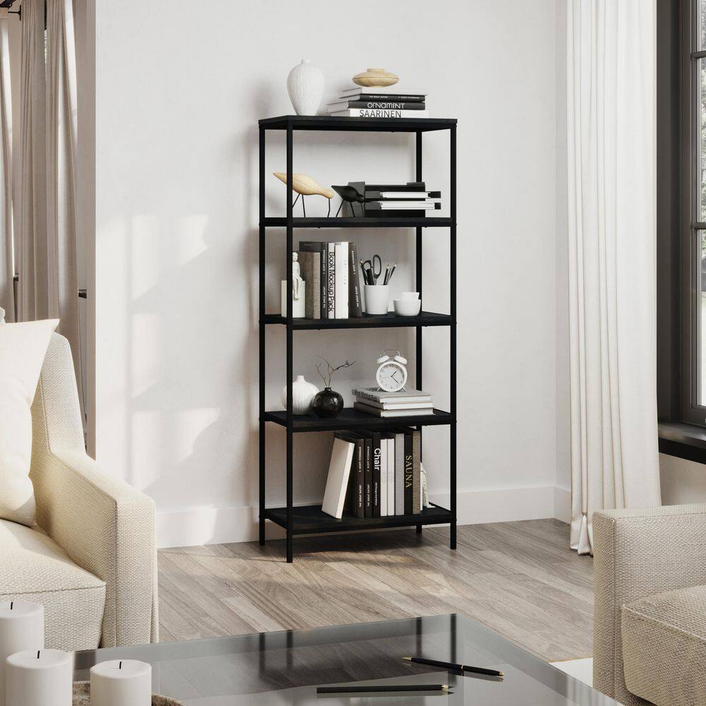 Industrial 59" Black Woodgrain 5-Tier Bookshelf for Chic Display