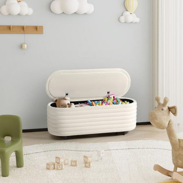 Farrah 42 in. Wide Oval Velvet Upholstered Entryway Flip Top Storage Bedroom Accent Bench in Ivory