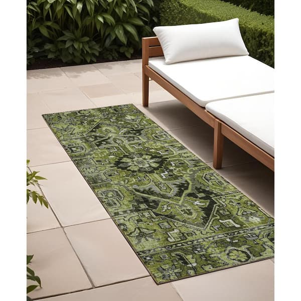 HomeRoots Olive Green and Dark Green 2 ft. x 8 ft. Woven Oriental