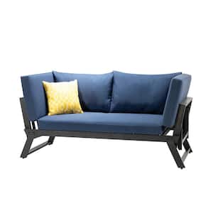 Black Metal Adjustable Outdoor Loveseat Couch Patio Chaise Lounge Sofa Day Bed with Blue Cushions and Pillow