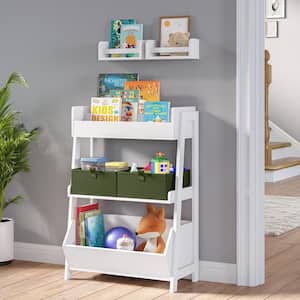 24.06 in. Wide White Kids 3-Tier Ladder Shelf with Bookcase and Toy Organizer