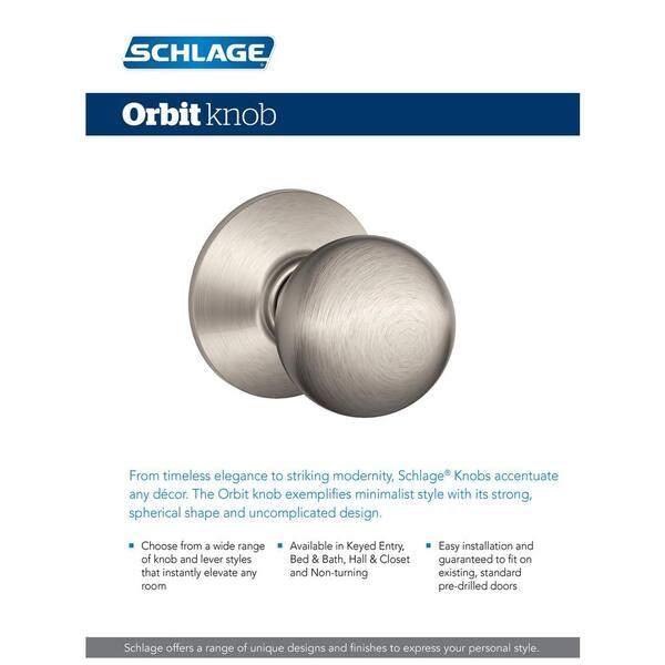 SCHLAGE Orbit Knob with Century Trim Non-Turning Lock, Satin