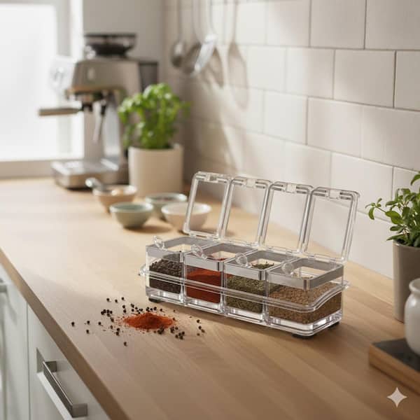 2 Shelves Clear Kitchen Countertop Spice Organizer Box Set Seasoning Storage Containers with Lids and Spoons