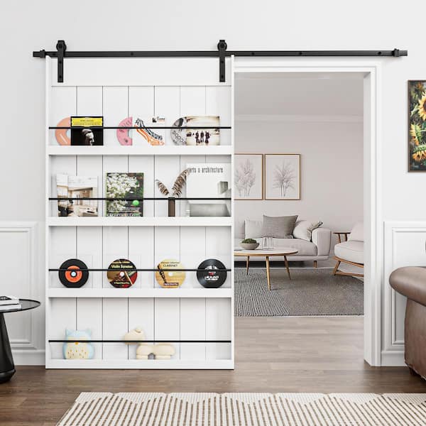 48 in. x 84 in. White Primed Composite MDF Storage Style Shelves Sliding Barn Door with Hardware Kit and Soft Close