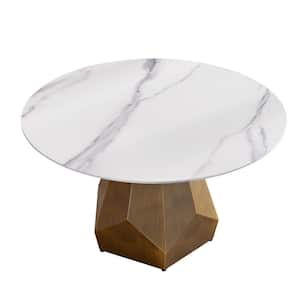 53 in. White Circular Sintered Stone Tabletop Bronze Pedestal Base Kitchen Dining Table (Seats-6)