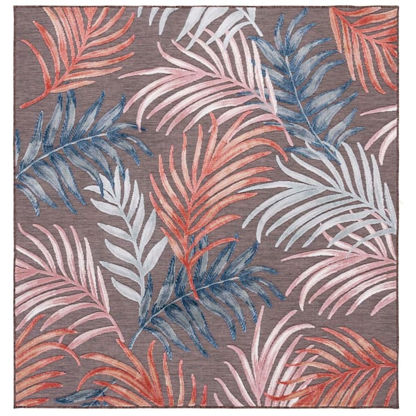 Cabana Brown/Blue 6 ft. x 6 ft. High-Low Abstract Leaf Indoor/Outdoor Square Area Rug